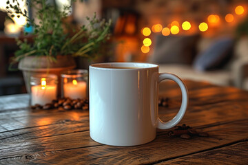 A coffee mug mockup placed on a cozy desk setting, providing a warm and inviting template for displaying custom mug designs, logos, or promotional messages.  Generative Ai.