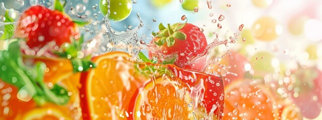 A variety of oranges and strawberries are being splashed with water, creating a refreshing and...