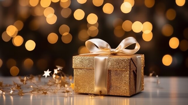 golden christmas gift box on blurred background