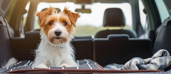 Pet dog sitting in travel box in car trunk