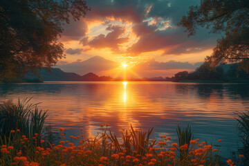 A mesmerizing sunset over a tranquil lake, casting a golden glow on the surrounding landscape. Concept of serenity and natural beauty. Generative Ai.