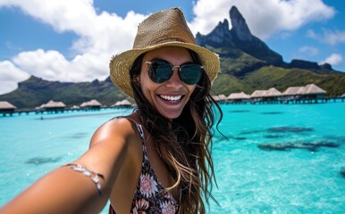 Tropical Selfie Delight: Native Woman's Joyful Journey, Capturing a Breathtaking Selfie on Bora Bora Beach, Embracing the Exotic Beauty of Polynesia's Sunlit Shores.

