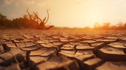 Zelfklevend Fotobehang Dry cracked soil with dead trees and heat wave, global warming concept © niwat