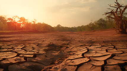 Dry cracked soil with dead trees and heat wave, global warming concept