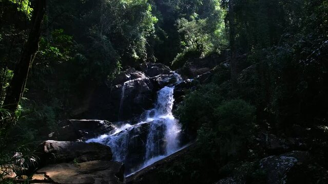 Waterfall in the Sinharaja rainforest in Sri Lanka. Top view, aerial video filming.