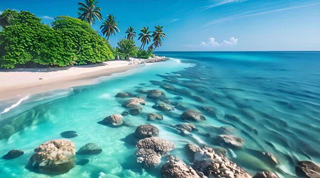 A vibrant coral atoll with turquoise waters and white sandy beaches
