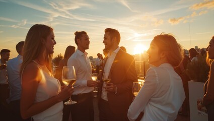 Group of professionals business people enjoying a rooftop party - obrazy, fototapety, plakaty