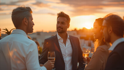 Group of professionals business people enjoying a rooftop party
