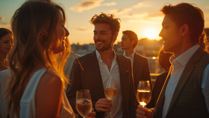 Group of professionals business people enjoying a rooftop party