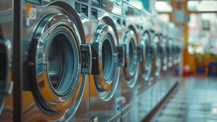 Row of washing machines in laundromat, modern laundromat - obrazy, fototapety, plakaty