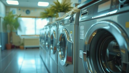 Row of washing machines in laundromat, modern laundromat - obrazy, fototapety, plakaty