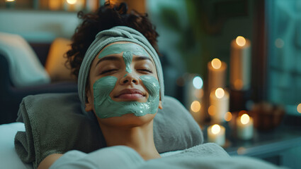 Fototapeta na wymiar Woman relaxing with green face mask in spa room