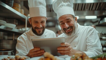 Two professional chefs happily look at reviews on tablets in a commercial kitchen