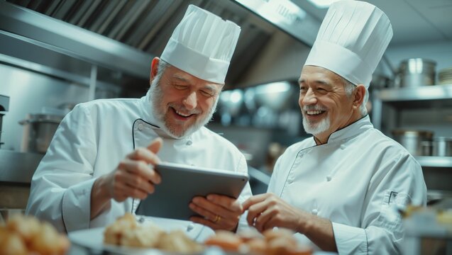 Two professional chefs happily look at reviews on tablets in a commercial kitchen