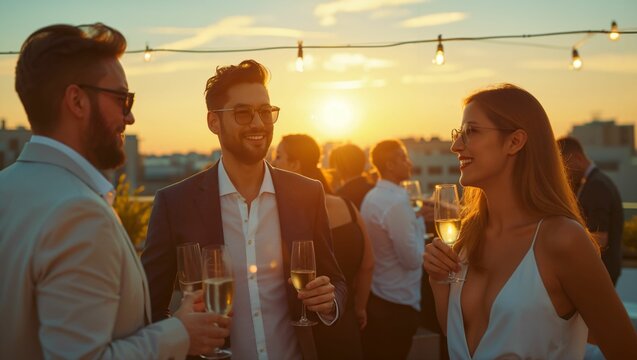 Group of professionals business people enjoying a rooftop party