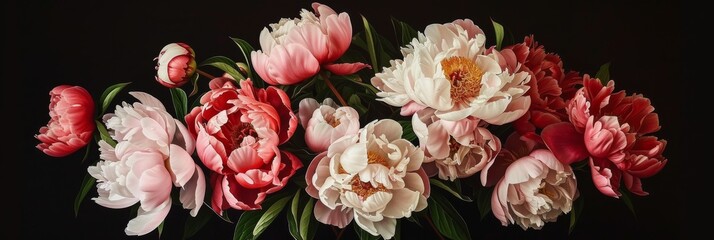 Pink peonies on a dark background, floral beauty.