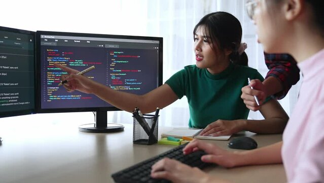Back end software developer engineer for computer programming working together on debugging writing computing code, solving complex algorithms display on monitor in office. Burgeoning
