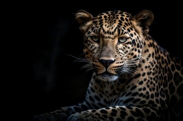 Close up of Leopard isolated on black background.