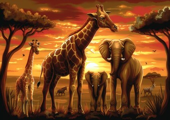 Giraffes and Zebra in African Sunset with Dramatic Sky