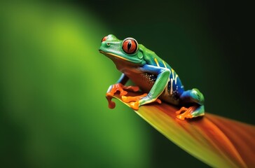 Fototapeta premium Bright red and green colored frog sitting on a leaf