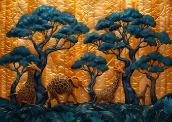 Artistic Giraffes in Blue Forest with Golden Background