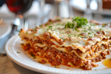 Serving of lasagna on a white plate, garnished with herbs, on a light background