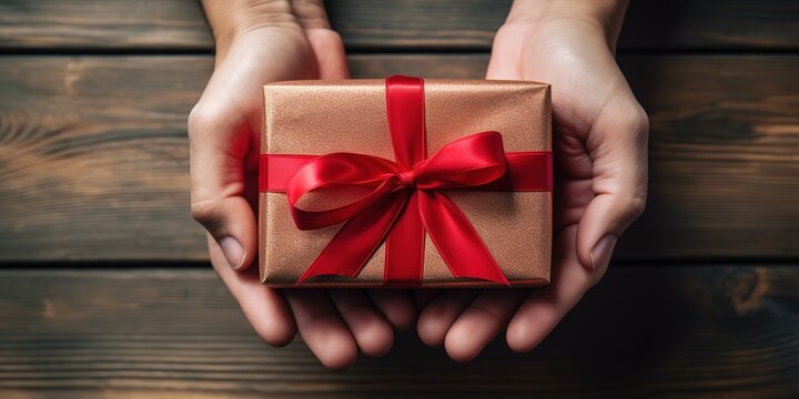 a hand holding a gift with a nice ribbon, simple and elegant, there is free space for tests, backgrounds, greetings, wallpaper, posters, advertisements, etc., if you are not satisfied with the choice,