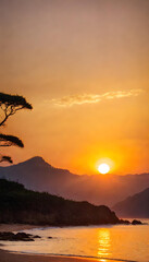 Obraz premium Sunset, Sky, Landscape, Nature, Scenic, Horizon, Sun, Evening, Beauty, Dusk, Twilight, Golden Hour, Orange, Atmospheric, Peaceful, AI Generated