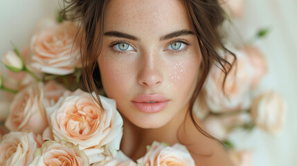 Beautiful. Beautiful white girl with flowers. Stunning brunette girl with big bouquet flowers of roses. Closeup face of young beautiful woman with a healthy clean skin. Pretty woman with bright makeup - obrazy, fototapety, plakaty