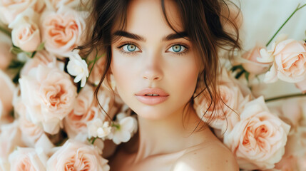 Beautiful. Beautiful white girl with flowers. Stunning brunette girl with big bouquet flowers of roses. Closeup face of young beautiful woman with a healthy clean skin. Pretty woman with bright makeup