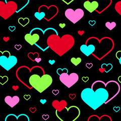 Vector seamless pattern with colorful hearts on black background. Valentines Day. Love pattern. Bright texture. Colorful and red hearts.