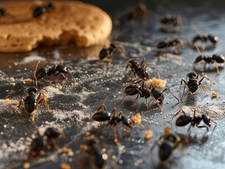 ants eating food and crumbs on the kitchen counter inside