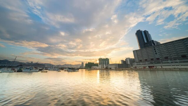 city skyline at sunset, light reflection, hong kong time-lapse