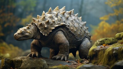 A dinosaur is walking on a rock in the woods. Generative AI.