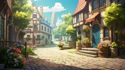 An animated street scene with a small town and flowers. Generative AI.
