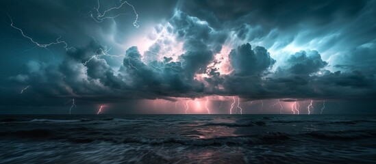 Powerful storm electrifies the ocean with numerous lightning strikes.