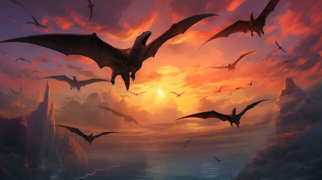 A painting of a group of flying dinosaurs flying over a sunset. Generative AI.