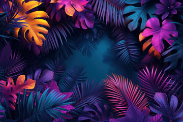 Fototapeta na wymiar Tropical and palm leaves in vibrant bold gradient holographic colors. Concept art. Minimal surrealism, Summer holiday vacation concept