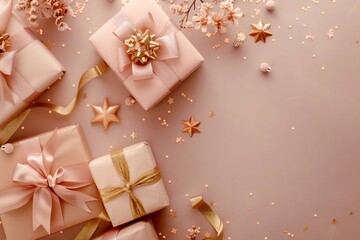 Elegant Gifts with Golden Ribbons and Festive Decorations. Generative ai