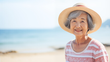 An elderly women standing smile and chilling on the beach