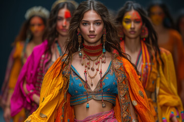 A Holi-themed fashion show with models showcasing vibrant and culturally inspired clothing, blending tradition with contemporary style. Concept of festive fashion. Generative Ai.