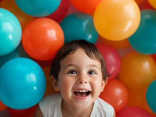 Fototapeta na wymiar Joyful Young Child Playing Among Colorful Balloons During Indoor Birthday Celebration
