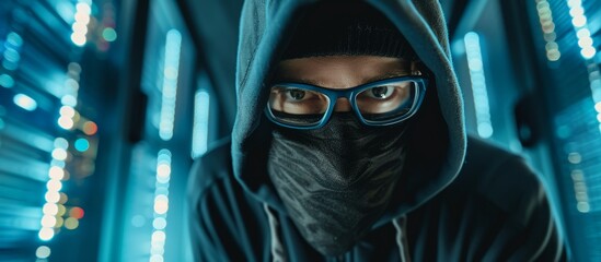A criminal hacker wearing a black mask searches for weak spots in server room security, aiming to steal data from computer servers by launching a virus-infected DDoS attack on the data center's - obrazy, fototapety, plakaty