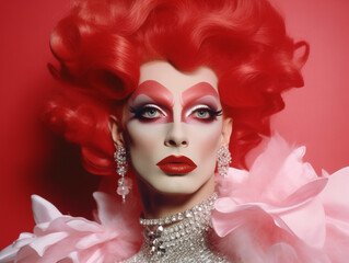 Striking Portrait of a Drag Queen in Bold Makeup and Exquisite Attire Against a Red Background. Shooting in the style of old film photography.