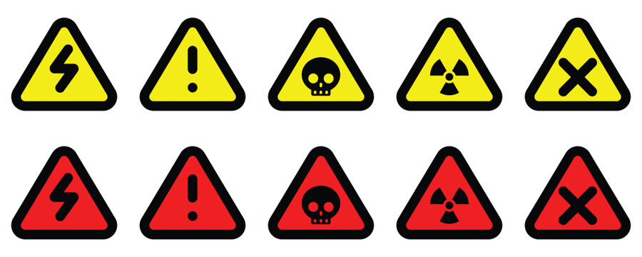 set attention red yellow triangle sign warning electric alert radioactive crossing traffic symbol caution hazard danger badge road mark vector flat design for web mobile isolated white Background