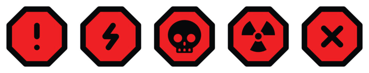 set attention octagon sign warning electric alert radioactive crossing stop traffic symbol caution hazard danger badge road mark vector flat design for web mobile isolated white Background