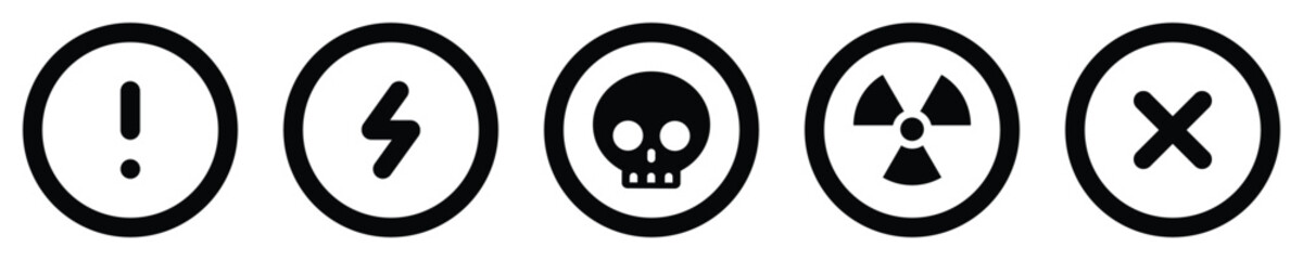 set attention circle sign warning electric alert radioactive crossing stop traffic symbol caution hazard danger badge road mark vector flat design for web mobile isolated white Background