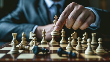 Man in business suit move chess figure on chessboard. Business strategy concept. Generative AI.