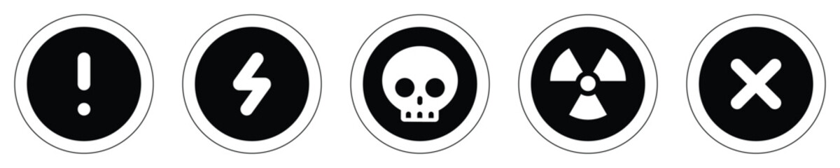 set attention outline circle sign warning electric alert radioactive crossing stop traffic symbol caution hazard danger badge road mark vector flat design for web mobile isolated white Background