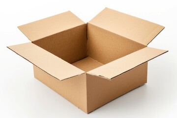 Open brown cardboard box isolated on white background. Generative AI.